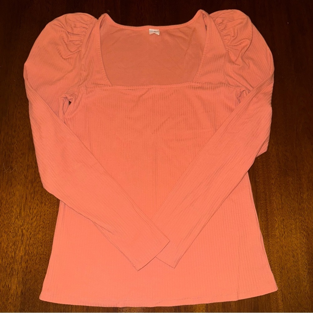 Melrose & Market Ribbed Square Neckline Puff Long Sleeve Shirt Coral Size Medium